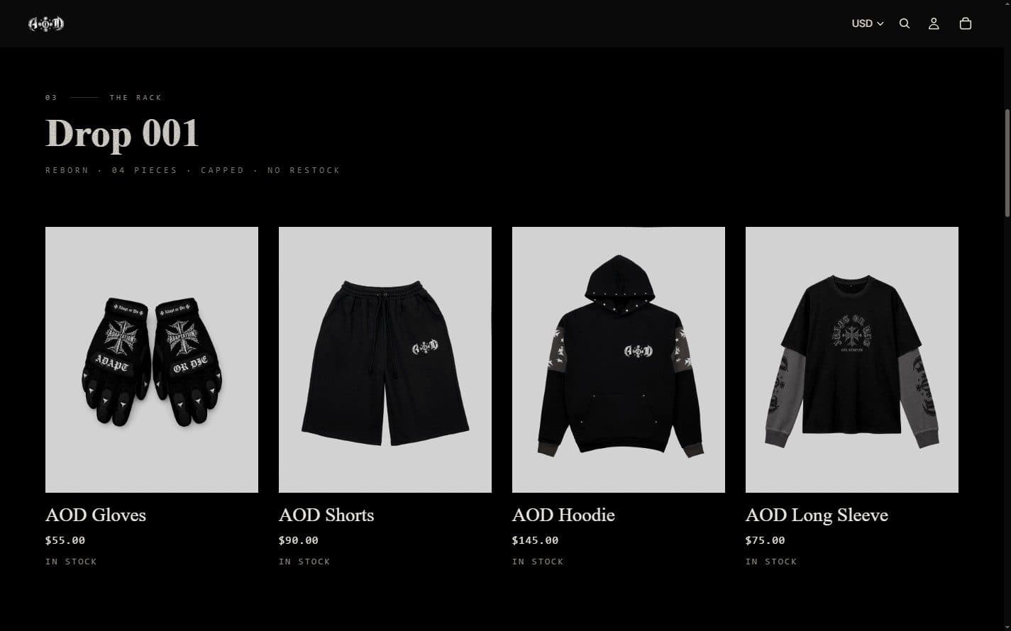 The drop, set as one flat row of four garments on identical light plates, each with its name in serif and its price and availability in mono.