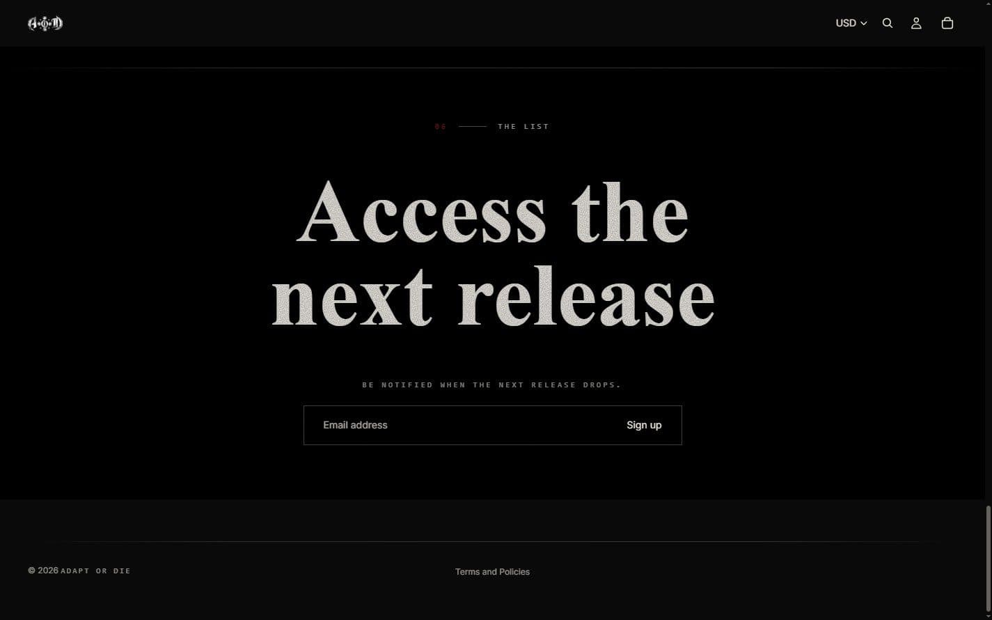 The closing chapter, setting one line at display scale above a single email field.