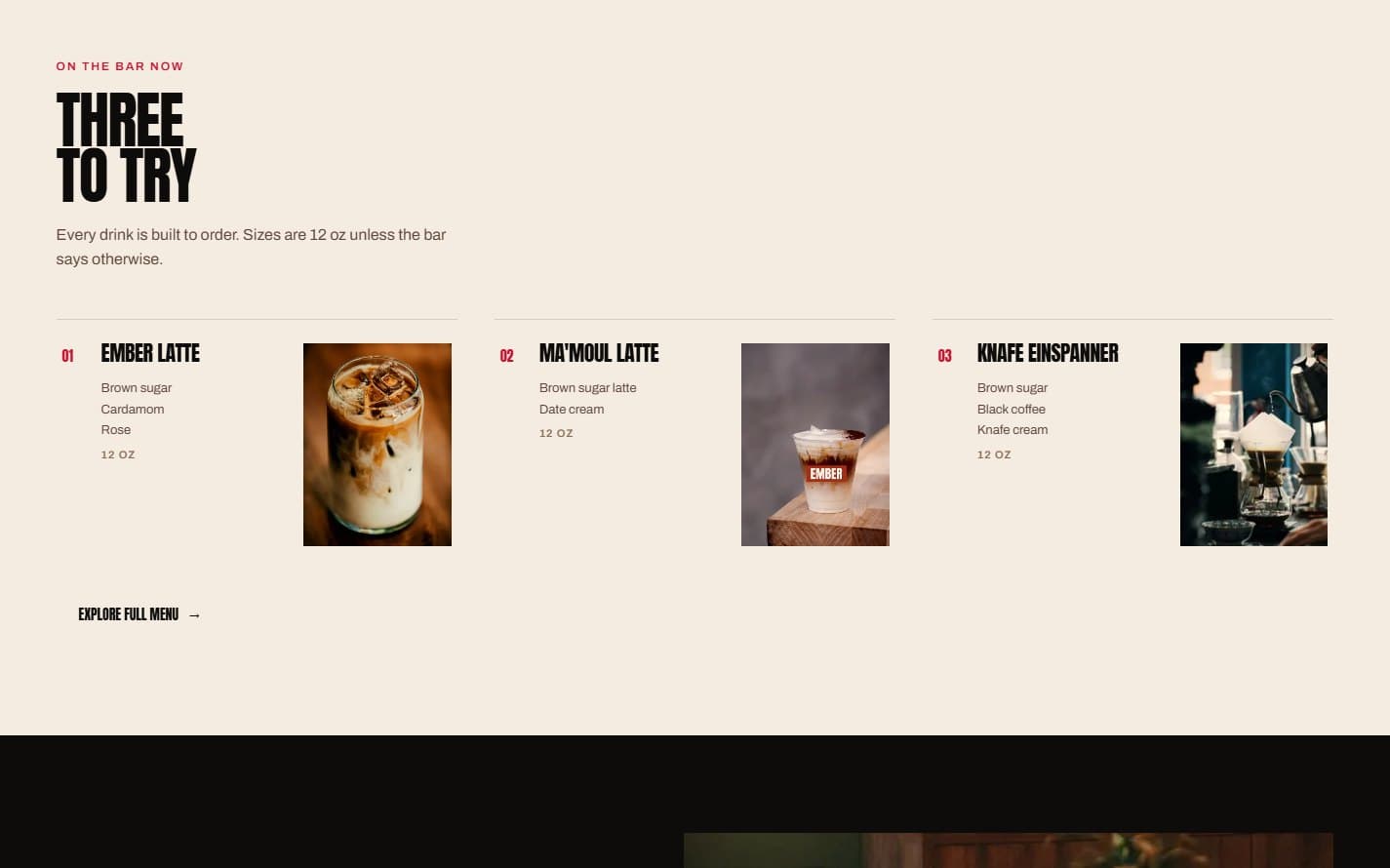 The homepage drinks section, listing three signature drinks with their build and size.