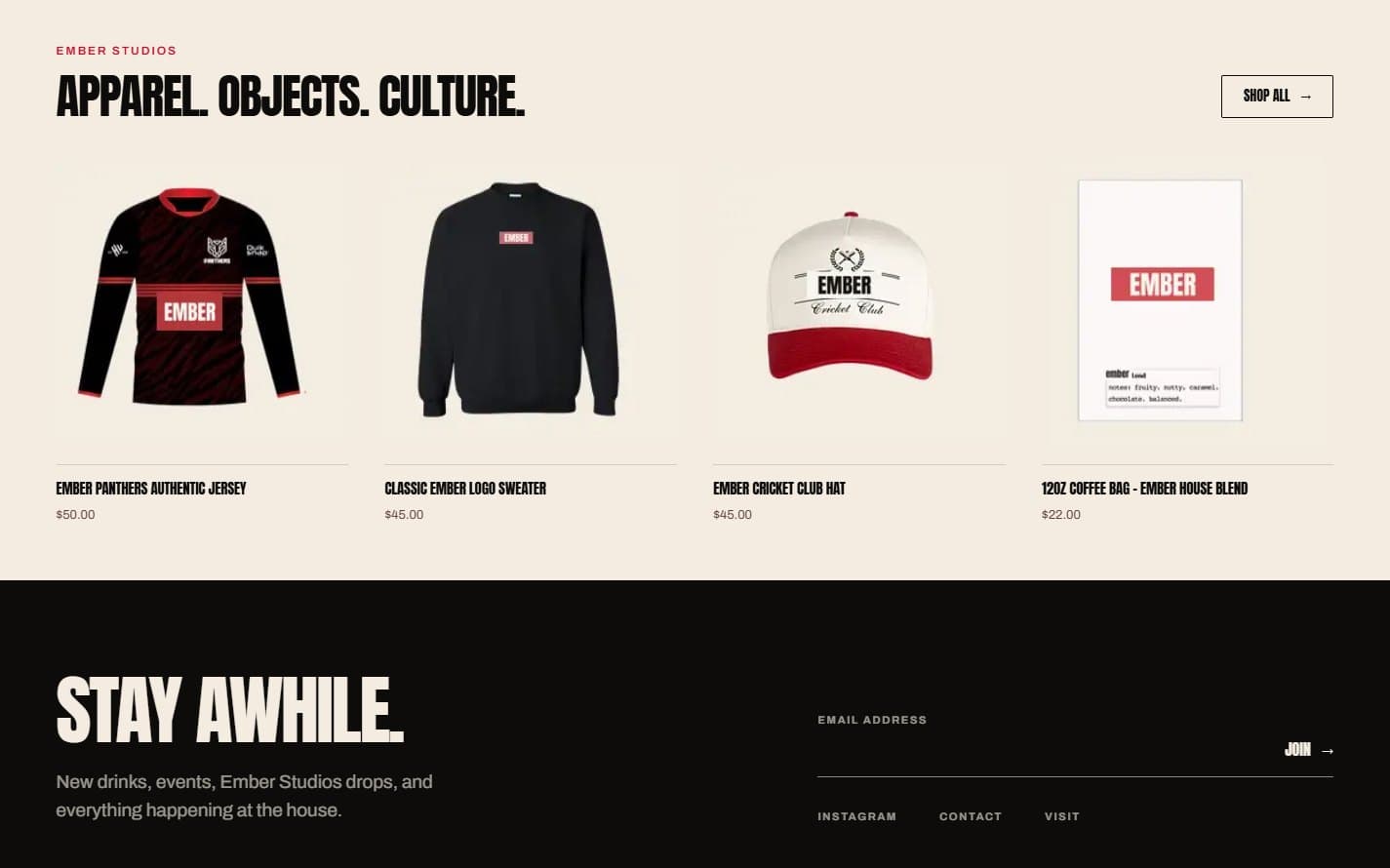 The merchandise section of the homepage, showing the apparel and objects range.