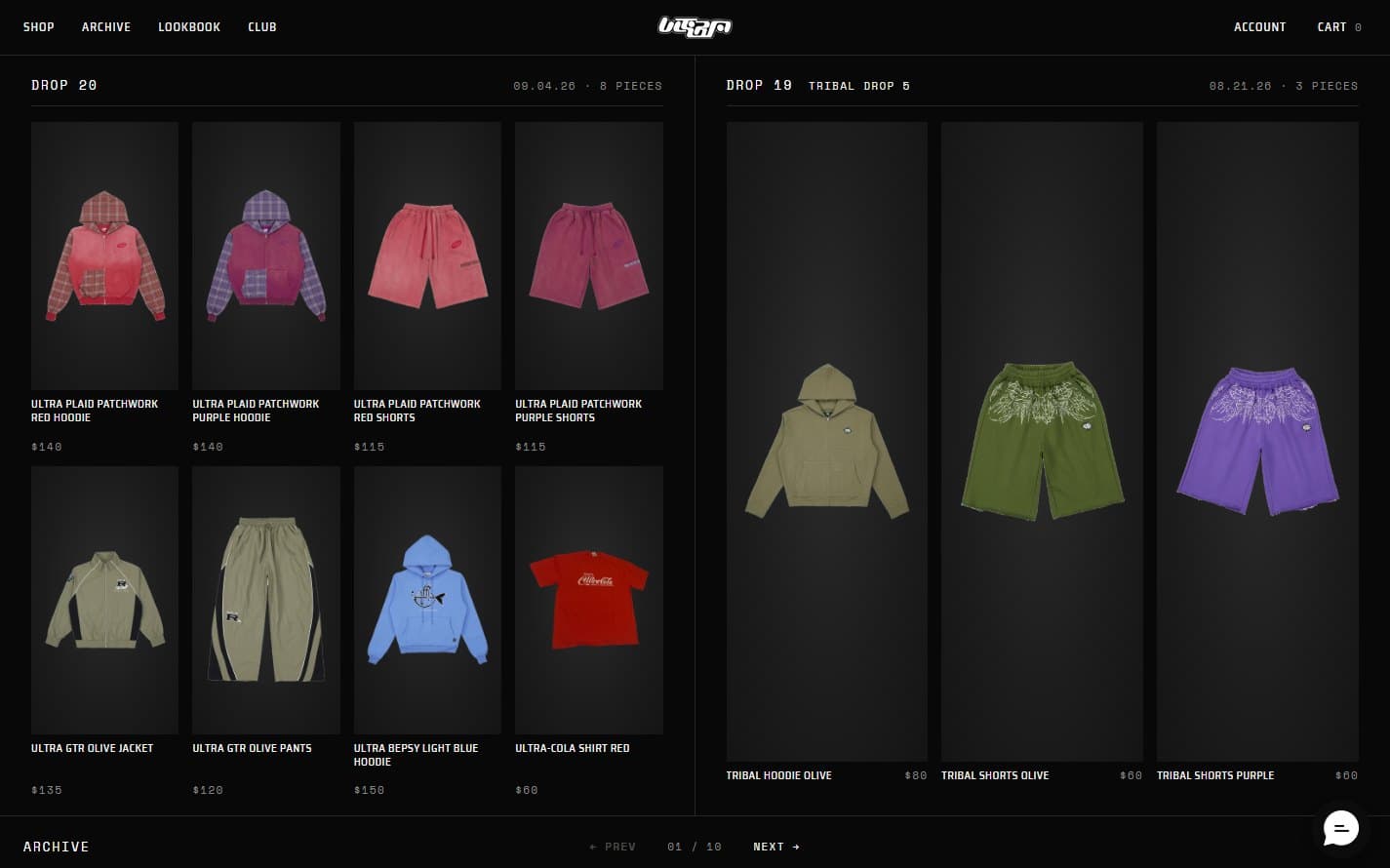 The release archive, with past drops listed by number and date above their garments and prices.