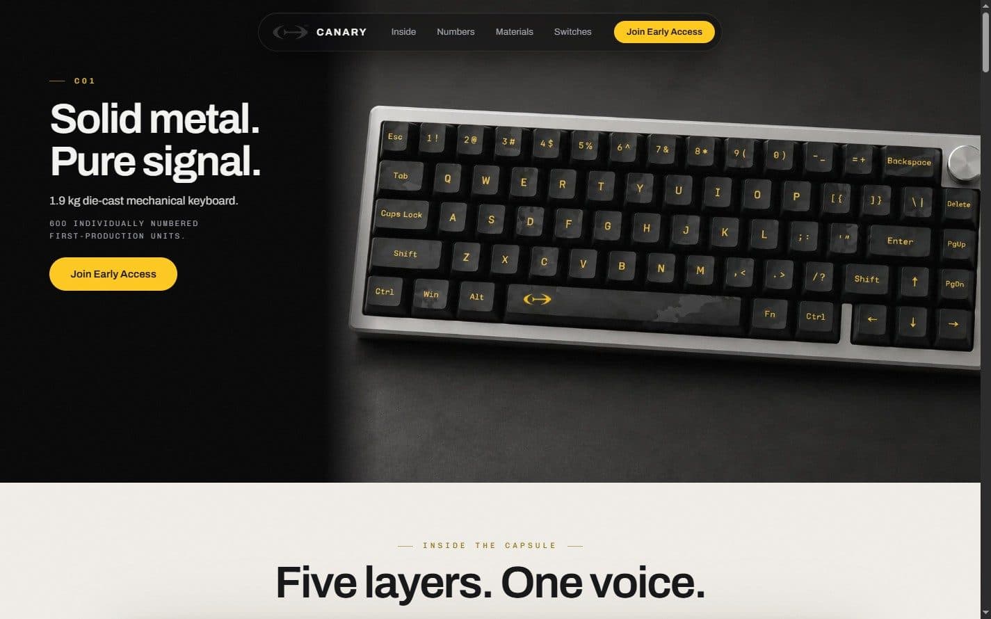 The landing page hero, pairing a two-line claim with the keyboard photographed at an angle on a dark field.