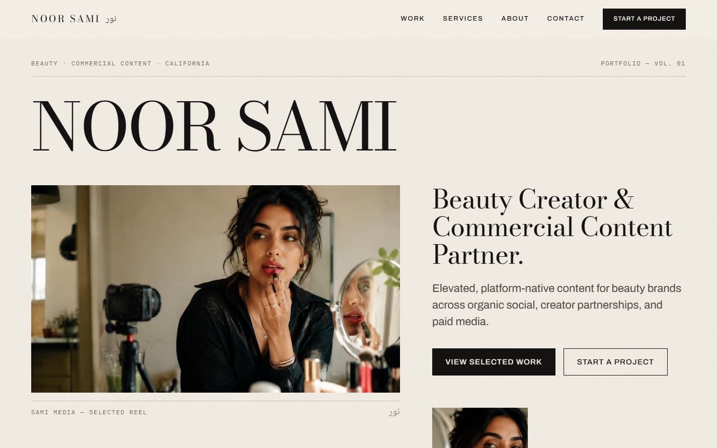 The homepage hero, pairing the positioning line with an editorial still of a creator filming at a vanity.