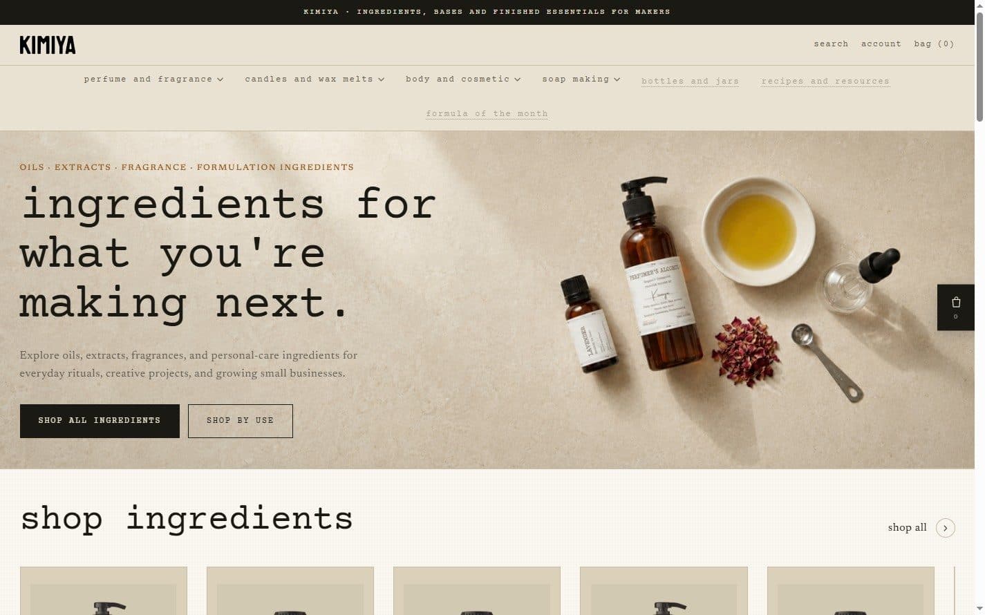 The storefront homepage, setting the category line over a flat-lay of oils, extracts and tools.
