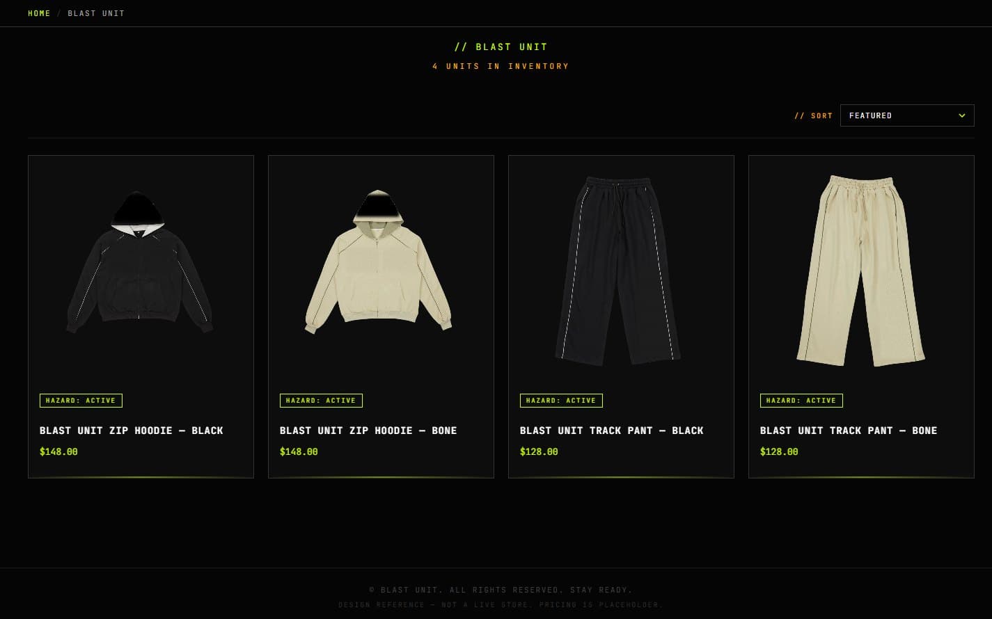 The collection grid, showing four garments with inventory labels.
